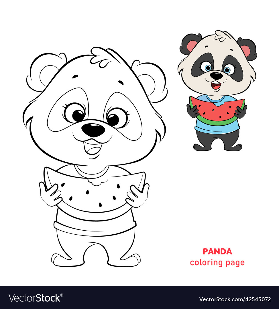 Cute panda eating watermelon coloring page vector image