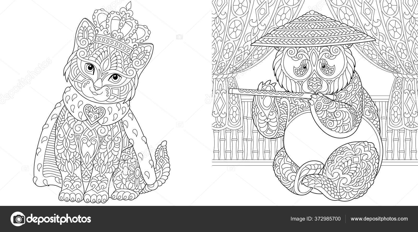 Adult coloring pages cat crown panda bear line art design stock vector by sybirko