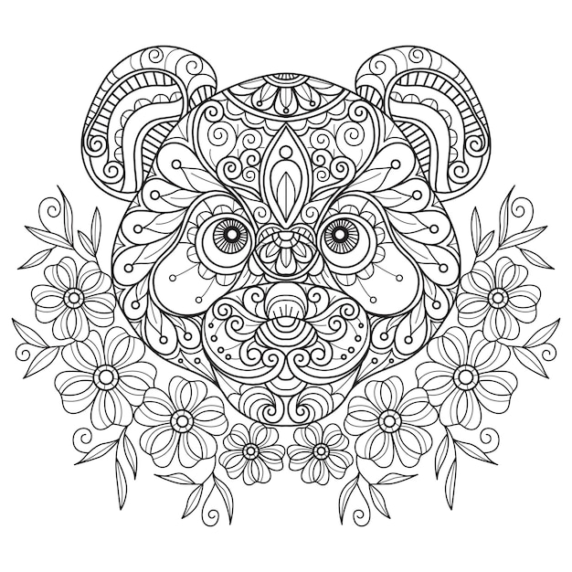 Premium vector panda and flowers hand drawn for adult coloring book