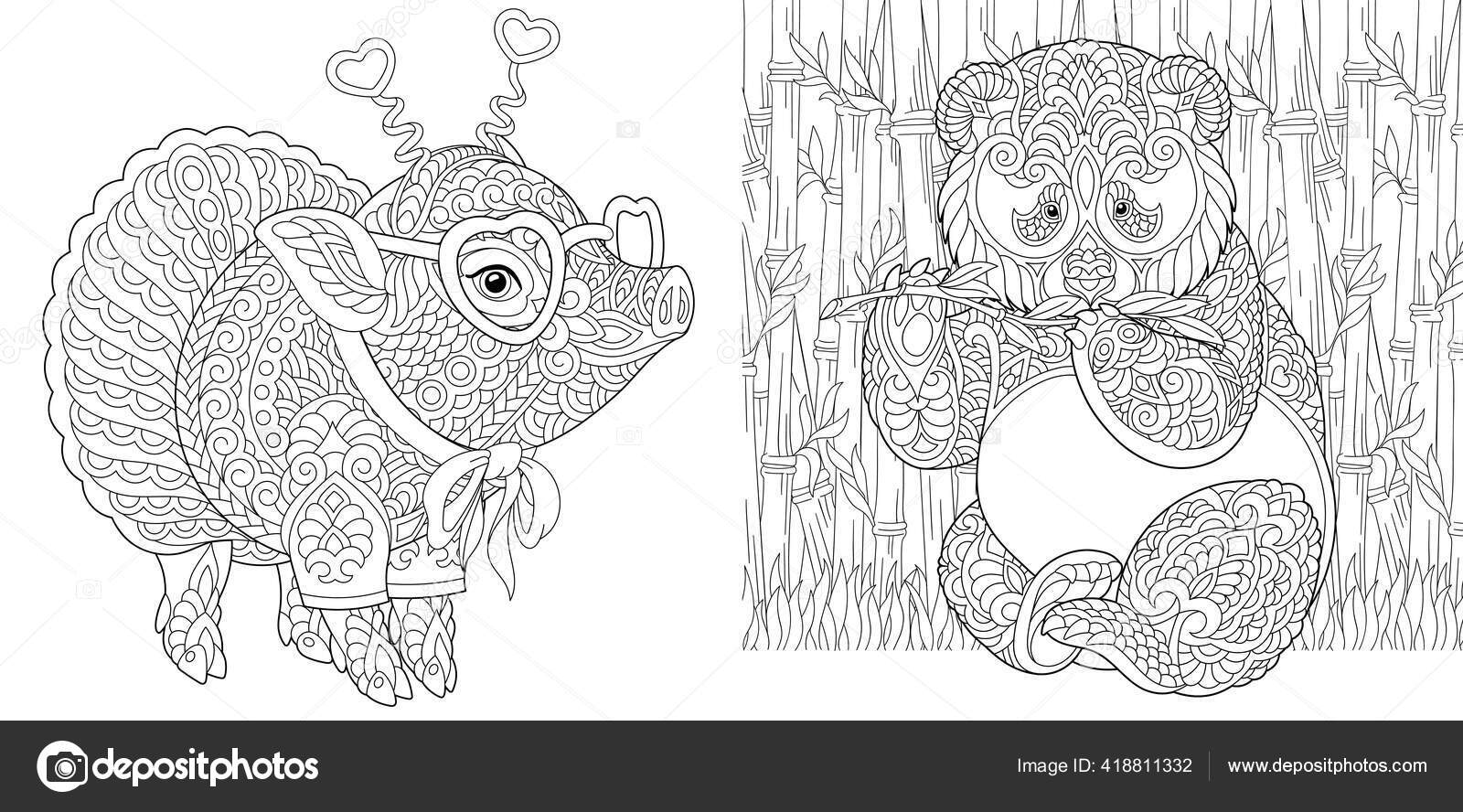 Coloring page cute pig panda bear line art drawing adult stock vector by sybirko