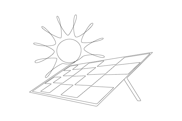 Premium vector one continuous line drawing of solar panel with sun green clean energy and renewable resources in simple linear style power station and save ecology icon editable stroke doodle vector