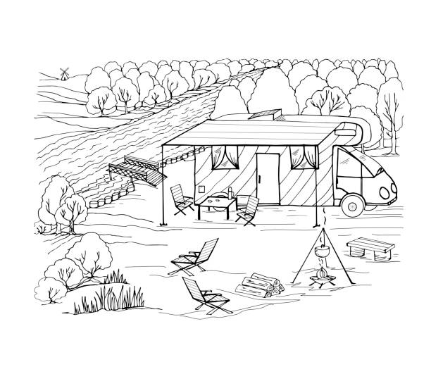 Ilustraciãn de libro para colorear camping con una autocaravana panel solar fogata cocina de verano bosque leãa ilustraciãn vectorial para un libro tarjeta de felicitaciãn pãster pegatina diseão fondo de pantalla juego