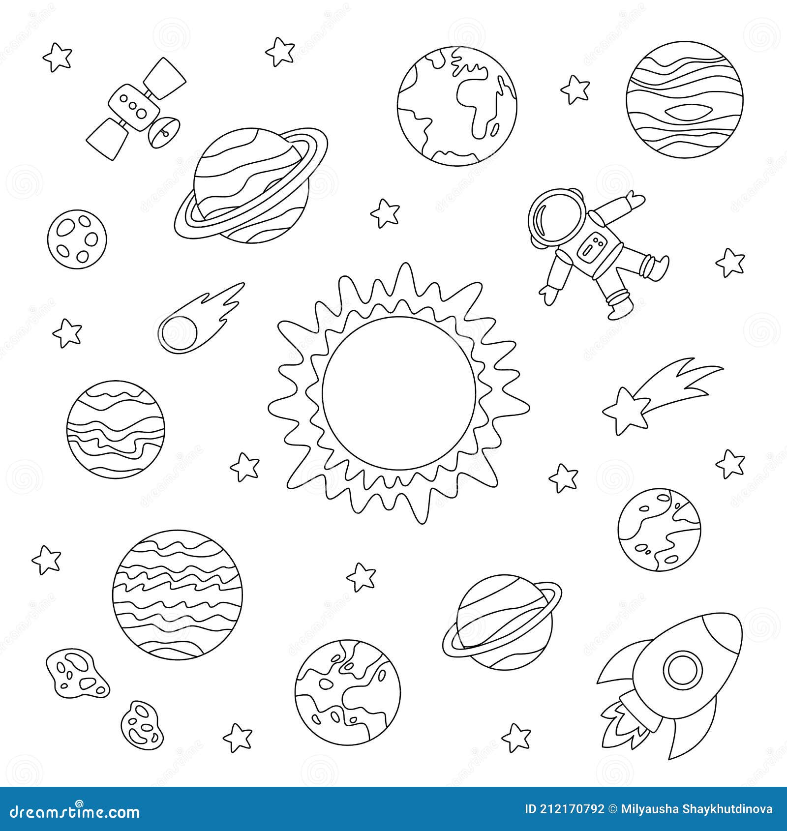 Color solar system planets and astronaut coloring sheet for kids stock vector