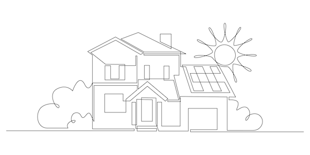 Premium vector one continuous line drawing of house with solar panel on the roof green energy and renewable resources in simple linear style home power station concept editable stroke doodle vector