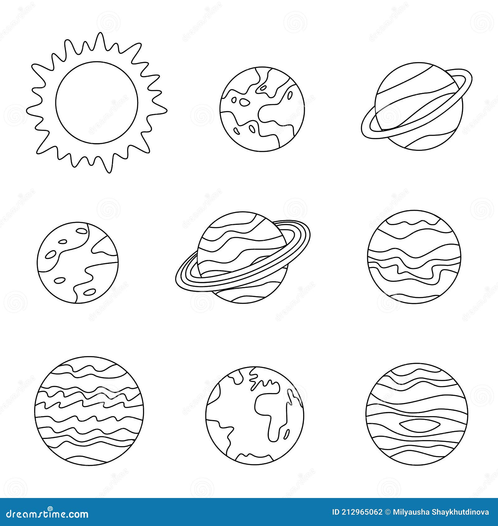 Color solar system planets and sun coloring sheet for kids stock vector