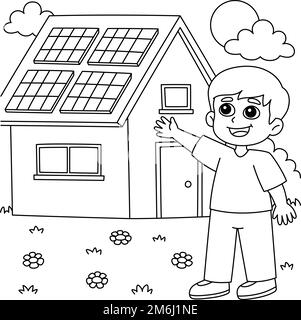 Muchacho con una ilustraciãn para colorear de la casa del panel solar imagen vector de stock
