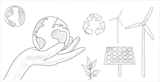 Molino de viento panel solar reciclaje y tierra en mano humana el ahorro de energãa dibujo a mano boceto lãnea vect vector premium