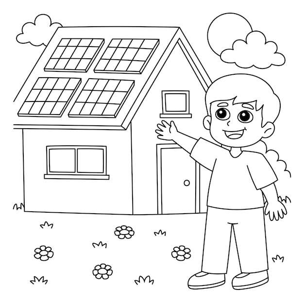 Premium vector boy with a solar panel house coloring page