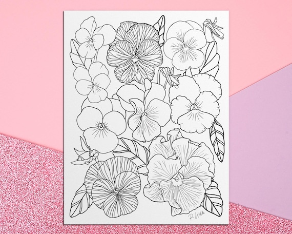 Pansy printable floral line art adult coloring page coloring for mental health stress and anxiety relief digital download