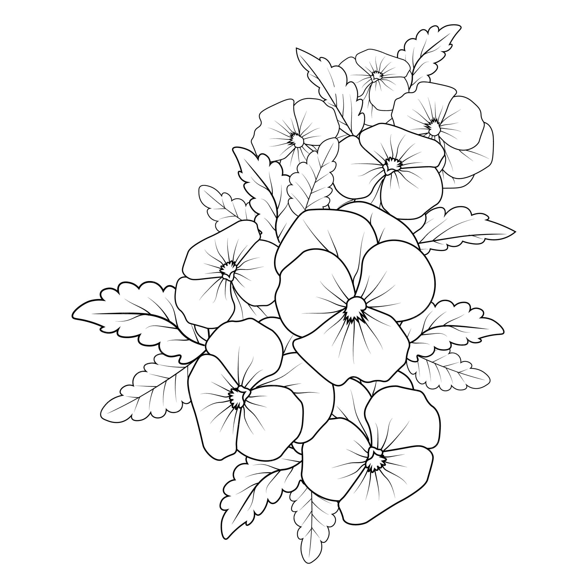 Premium vector black and white pansy drawing pansy flower tattoo outline drawing pansy line art coloring pages