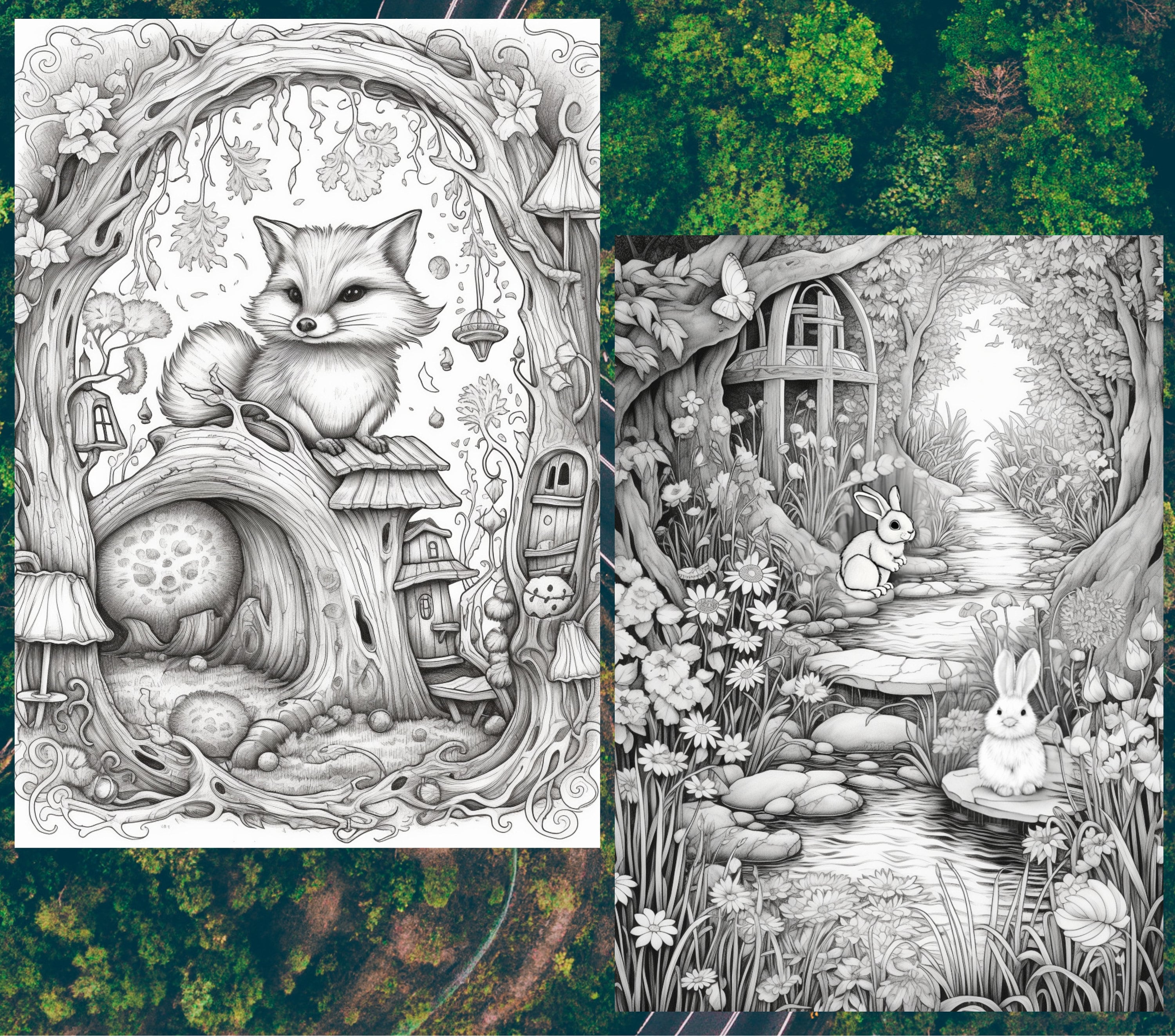 The magic of the forest coloring page book adults kids instant download grayscale coloring page printable pdf forest animals coloring