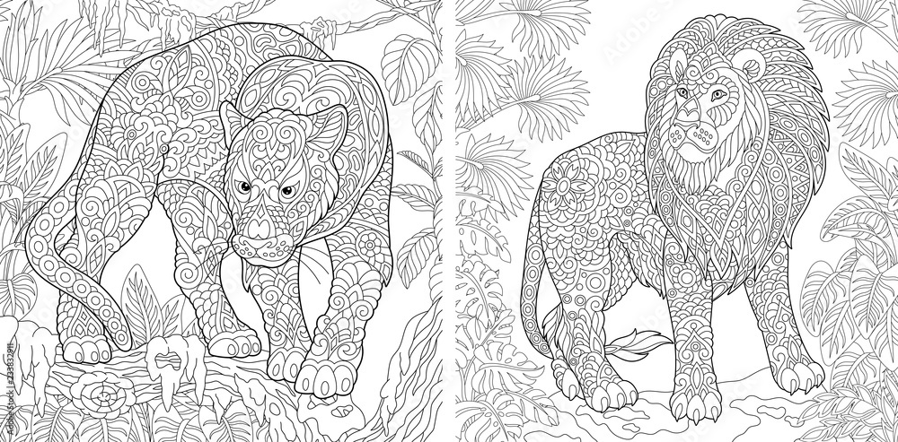 Coloring pages with panther and lion vector