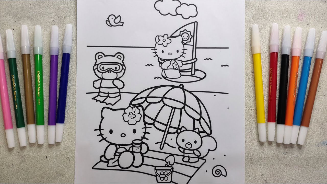 Mewarnai hello kitty santai di pantai coloring hello kitty on the beach