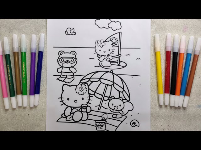 Mewarnai hello kitty santai di pantai coloring hello kitty on the beach