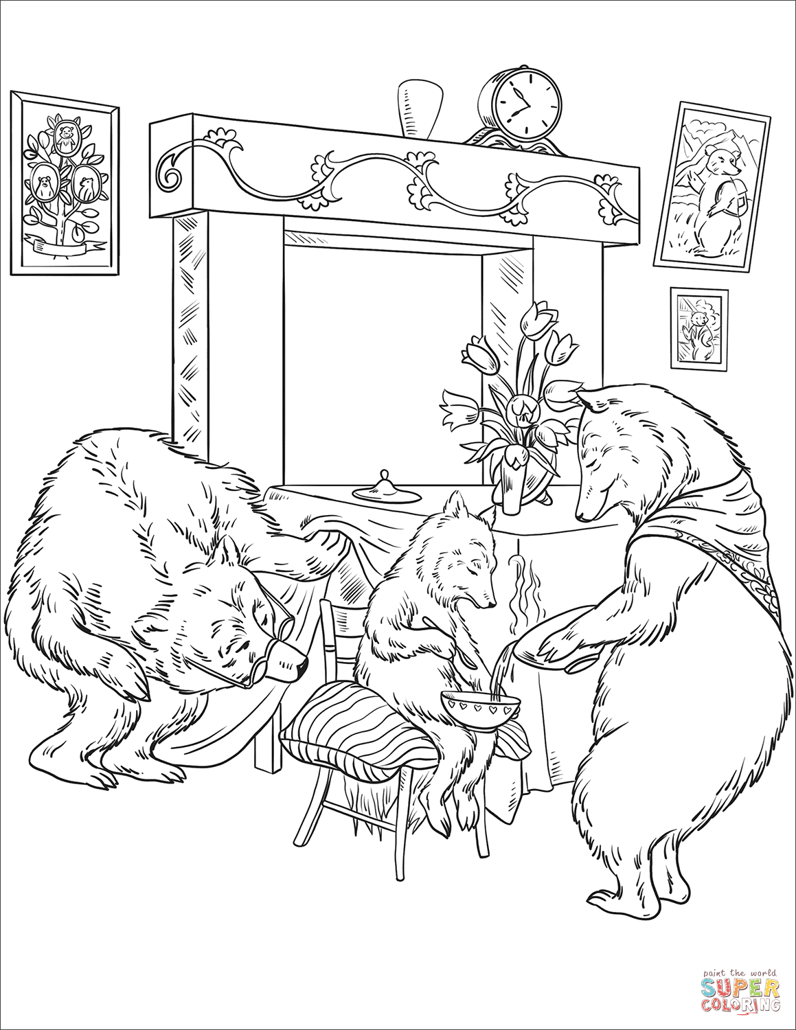 The papa bear is looking under the table while the mama bear is giving her porridge to the baby bear coloring page free printable coloring pages
