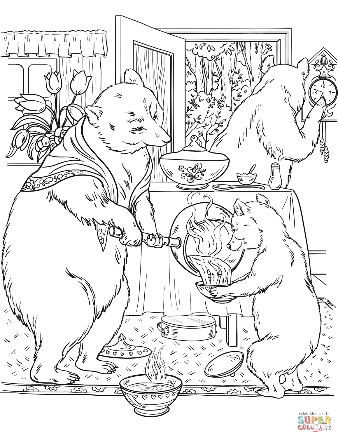 The mama bear poures the porridge into porridge pots coloring page free printable coloring pages