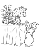 The papa bear is looking under the table while the mama bear is giving her porridge to the baby bear coloring page free printable coloring pages