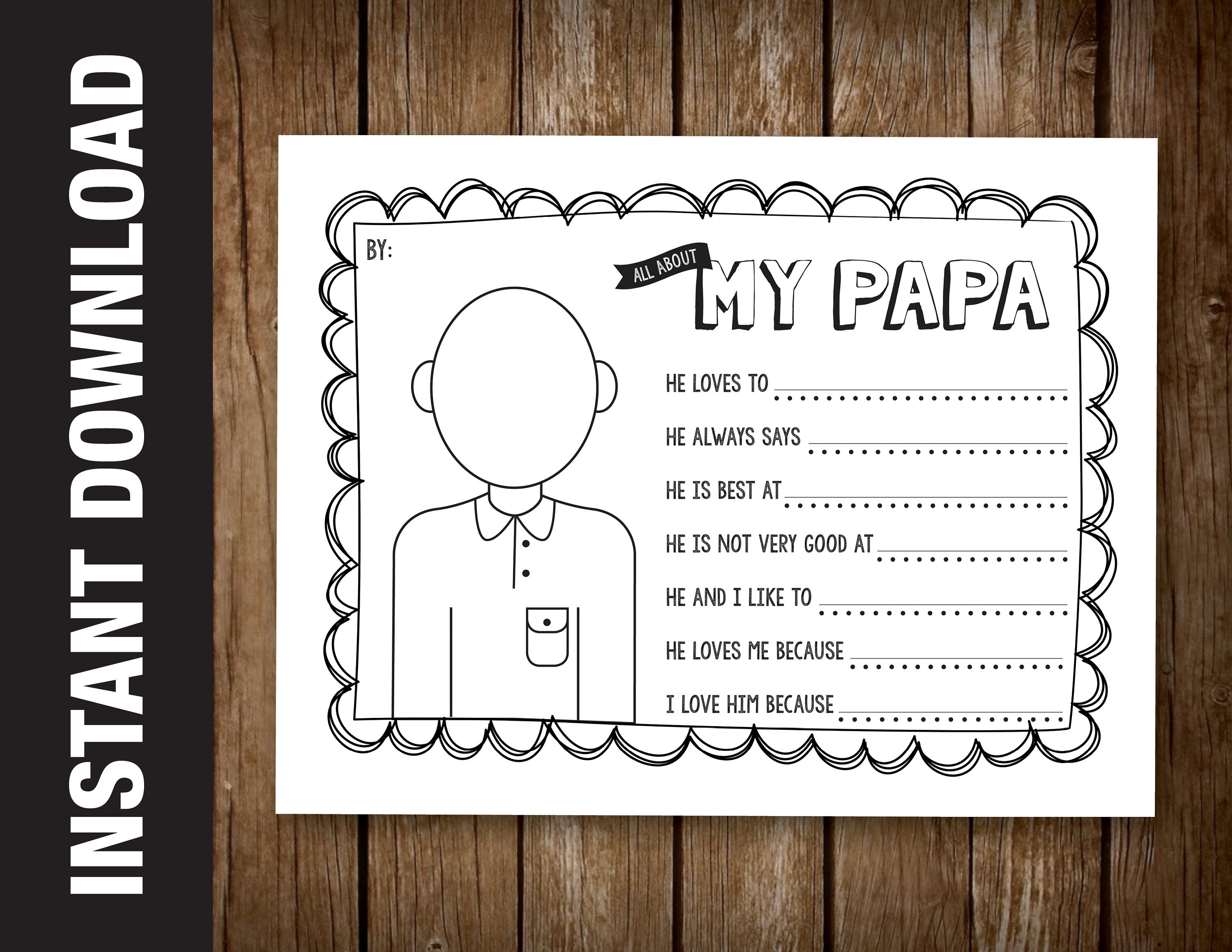 Printable papa portrait coloring sheet and questionnaire gift card all about my papa