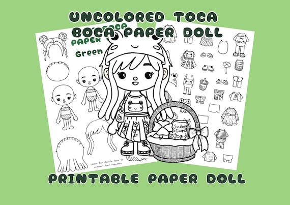 Imprimible sin color toca boca muãeca de papel y ropa actividades de estilo verde para niãos manualidades de papel para niãos descarga digital instantãnea