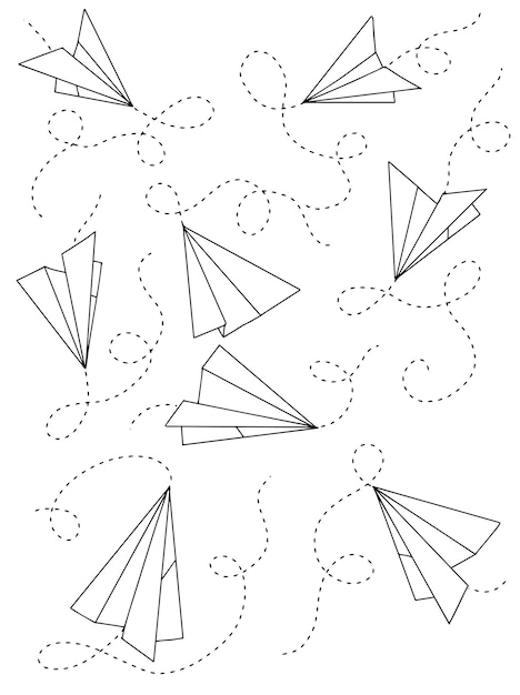Premium vector paper airplane doodle set hand drawn on a white background study travel symbol road direction line on a white background coloring book childrens drawing