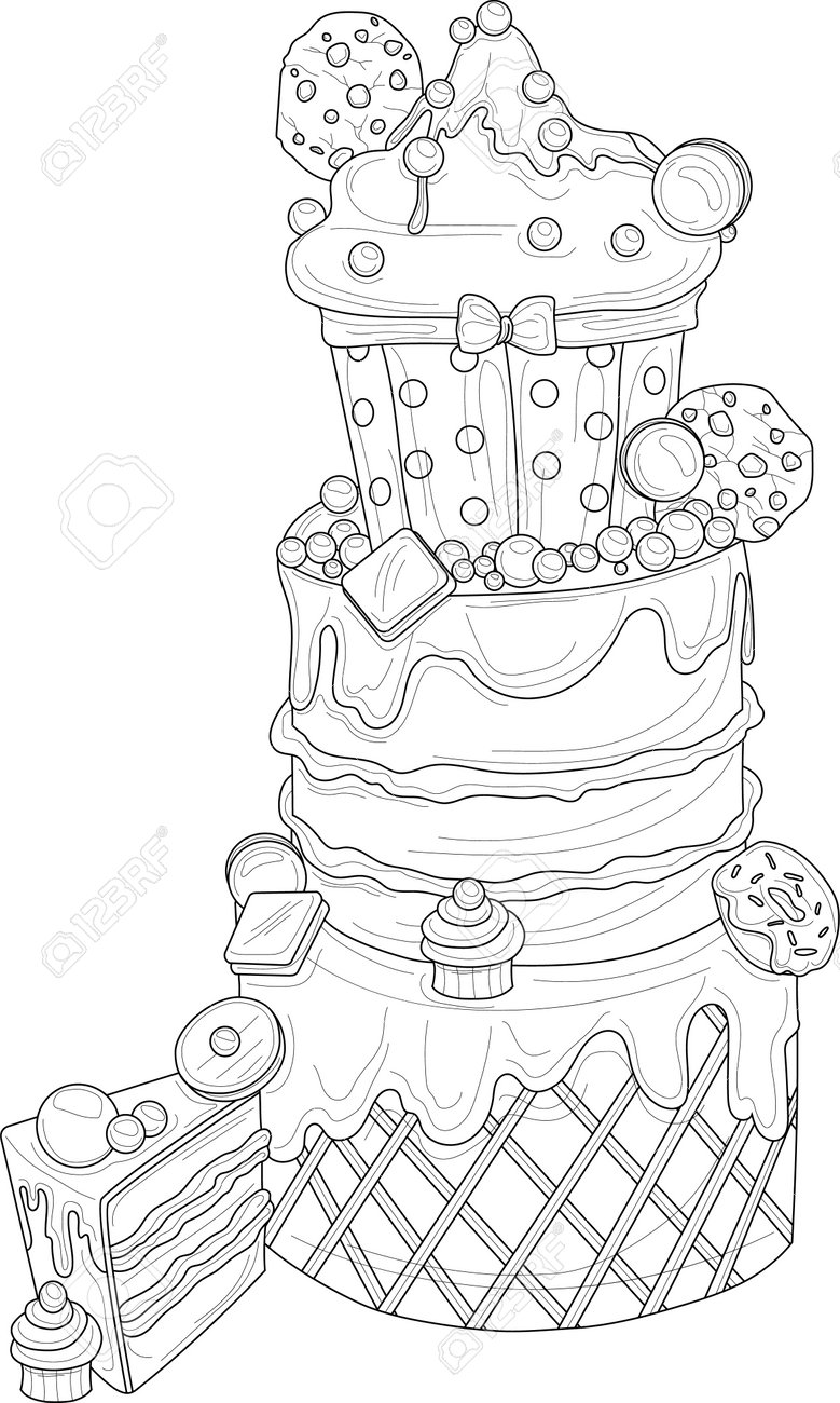 Cartoon decorated cake with cookies macaroons cupcakes and donuts sketh template vector illustration in black and white for games background pattern decor coloring paper page story book royalty free svg cliparts vectors