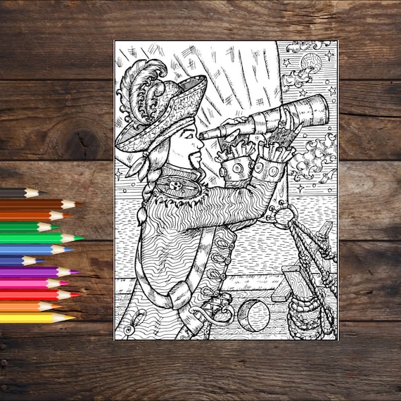 Pirate coloring book page pirate coloring sheet pirate captain coloring page adult coloring page printable coloring sheet