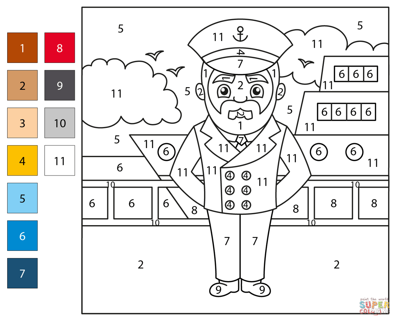 Captain color by number free printable coloring pages