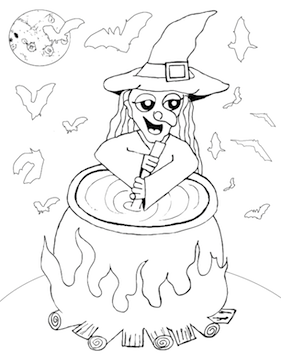 A smiling witch stirs her cauldron surrounded by flying bats on this halloween coloring page freeâ halloween coloring pages halloween coloring coloring pages