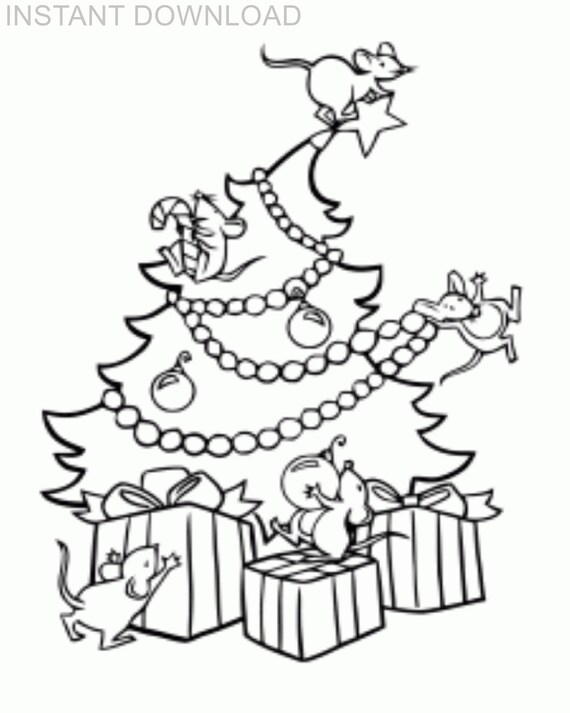 Printable x christmas tree decorated by mice coloring pageinstant downloaddigital fileplus bonus