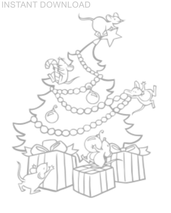 Printable x christmas tree decorated by mice coloring pageinstant downloaddigital fileplus bonus