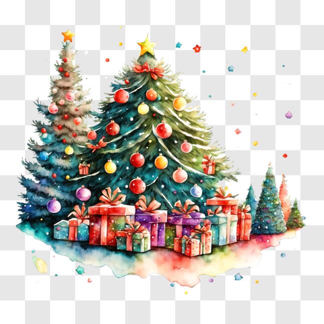 Download festive christmas tree painting with presents and snowflakes png online