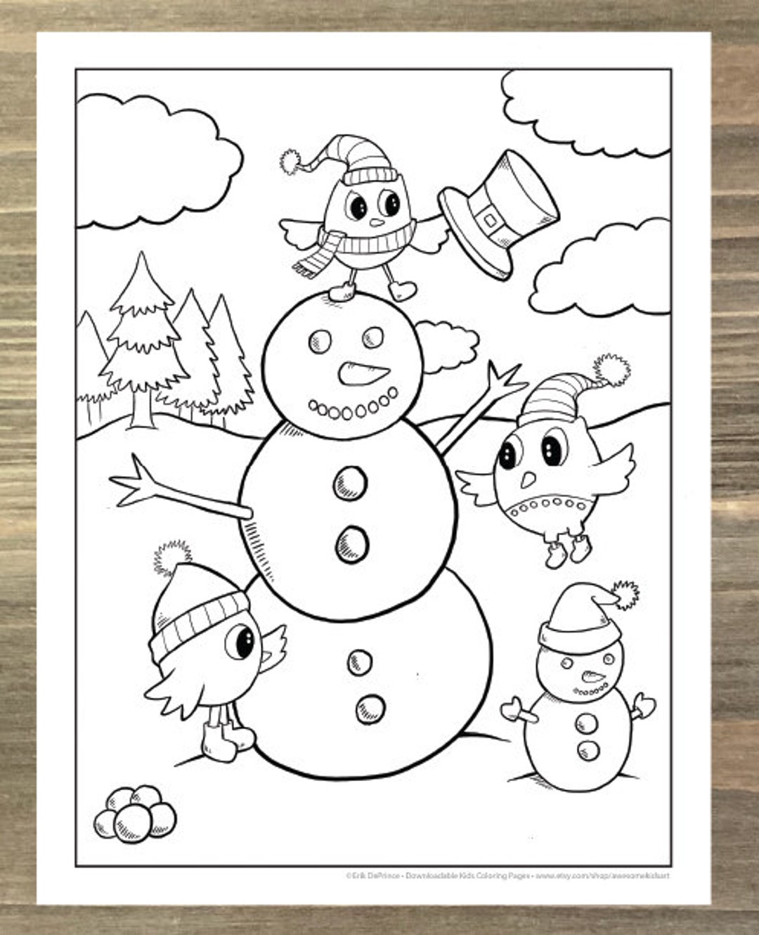 Christmas snowman and owls coloring page downloadable pdf file download now