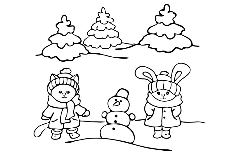 The cat and the bunny made a snowman coloring book