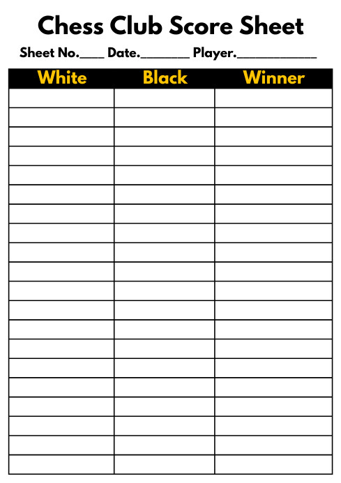 Chess game score sheet printable template