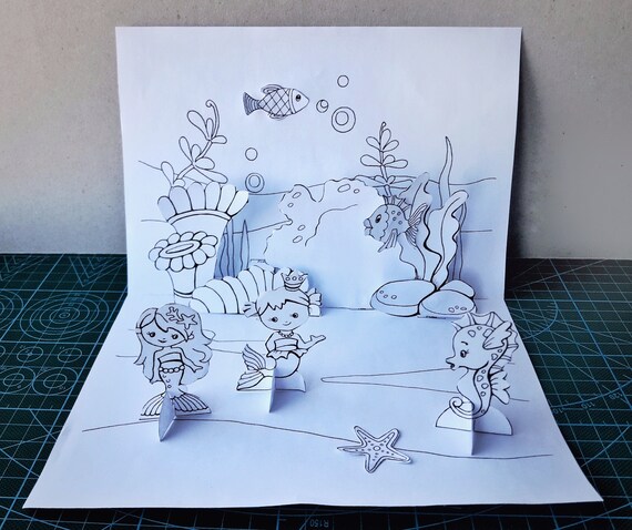 Pop up mermaid card mermaid theme sea life card paper theater paper diorama kids coloring sheet paper craft activity pdf education