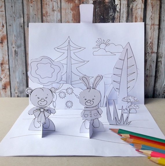 Woodland pop up card coloring pages animals nursery diorama kids coloring sheets woodland theme printable paper craft paper theater
