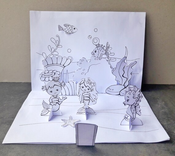 Pop up mermaid card mermaid theme sea life card paper theater paper diorama kids coloring sheet paper craft activity pdf education