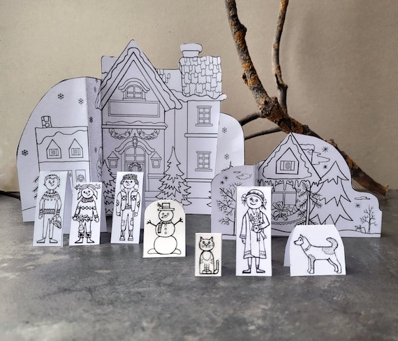 Christmas village paper scene for coloring christmas activity printable toddler coloring pages winter paper diorama digital download now