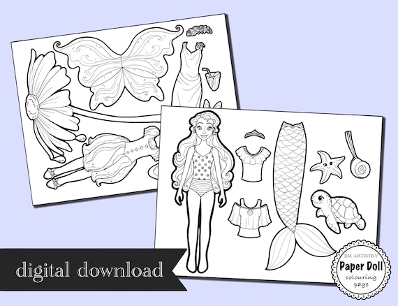 Paper doll pdf fairy drawing mermaid dress colouring sheets under the sea ocean coloring fairy art paper craft printables instant download