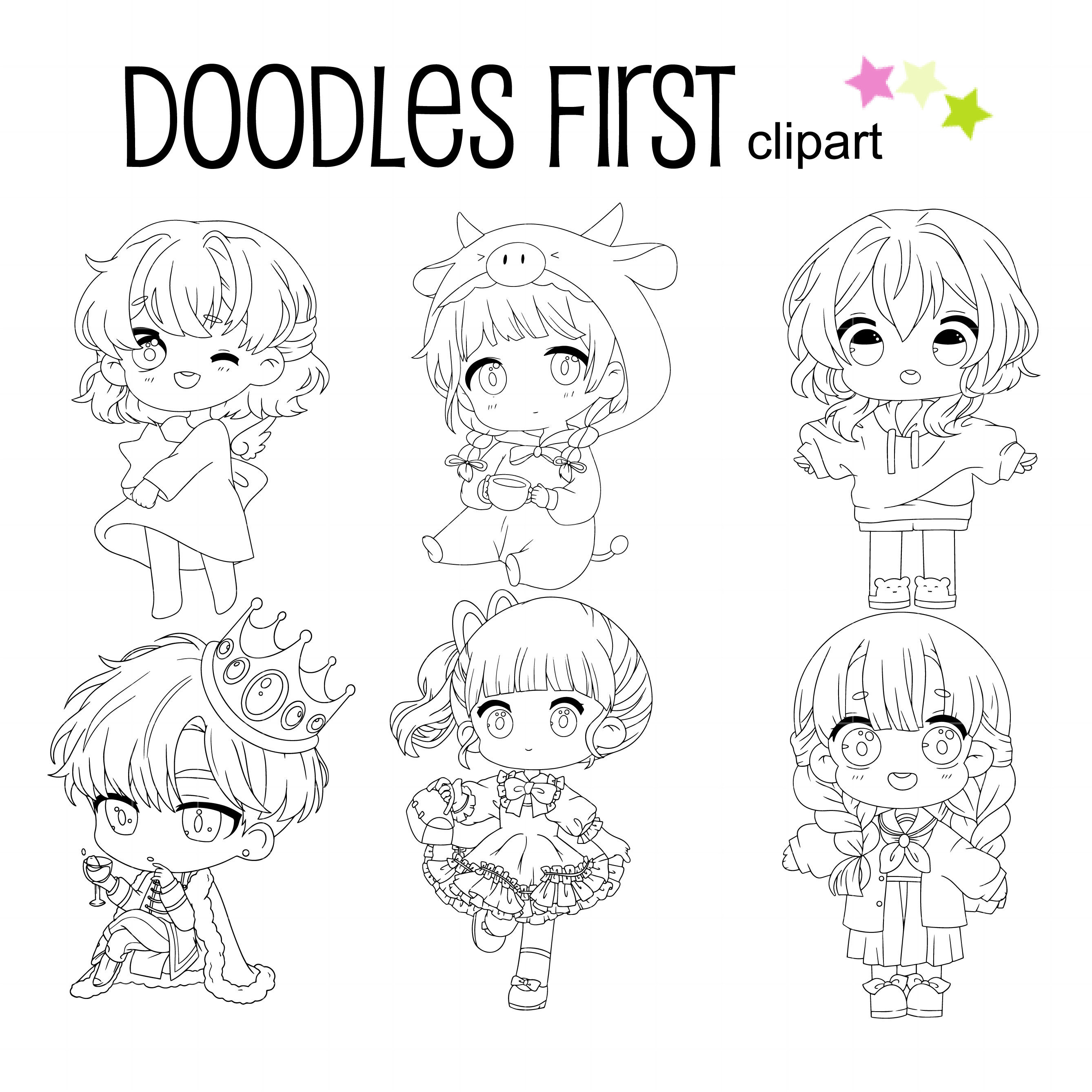 Chibi anime outline for coloring digital clip art for scrapbooking card making cupcake toppers paper crafts