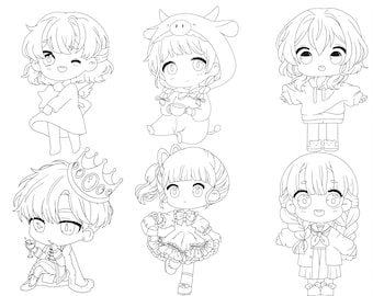 Chibi anime outline for coloring digital clip art for scrapbooking card making cupcake toppers paper crafts