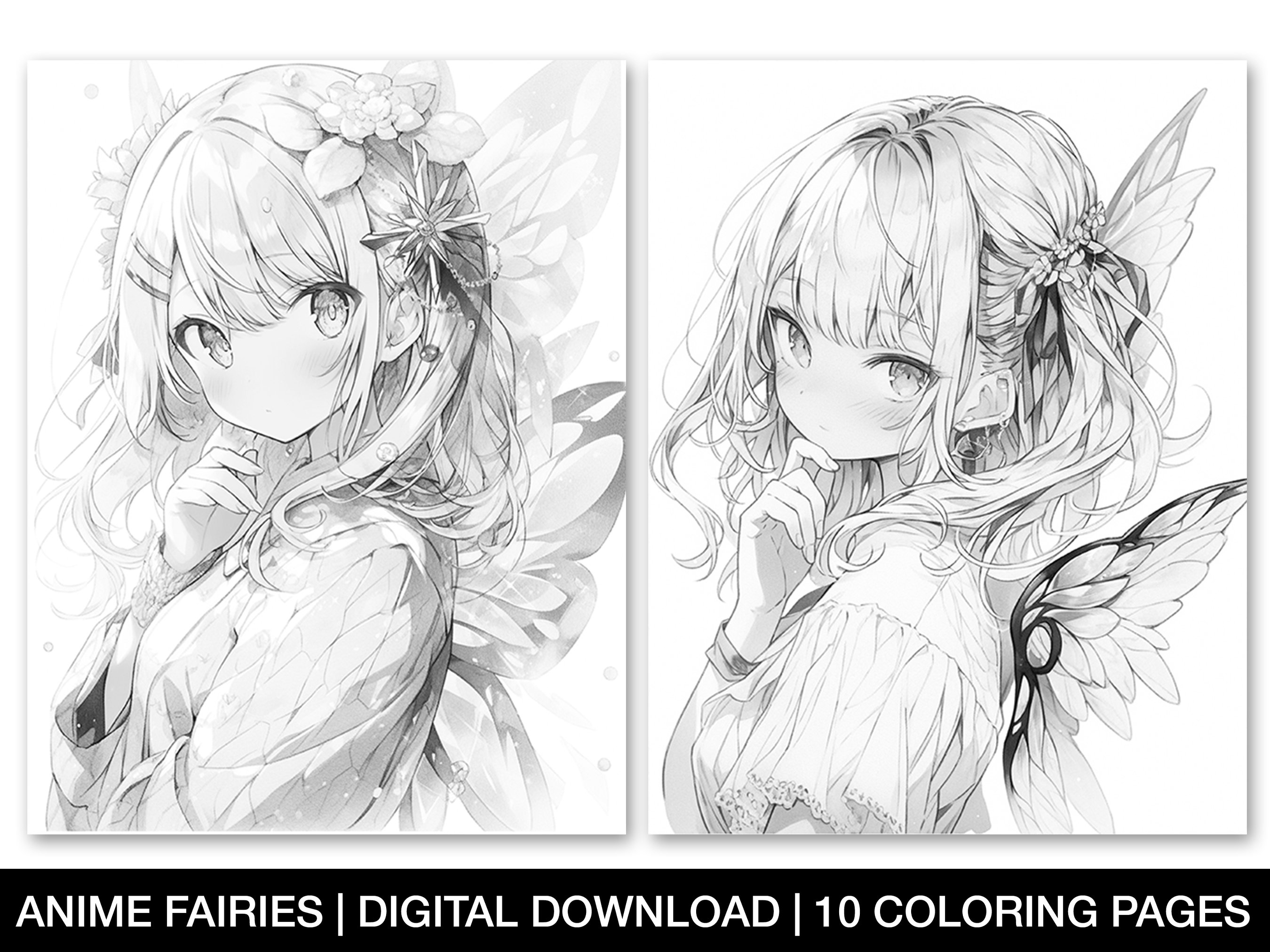 Anime fairies coloring pages for adults printable anime fairy sheets grayscale fantasy japanese fairy coloring page instant download
