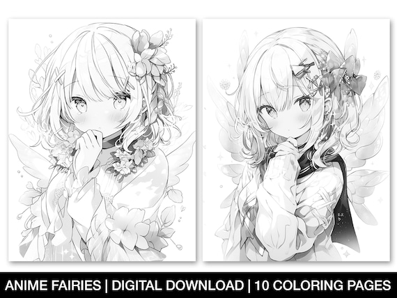 Anime fairies coloring pages for adults printable anime fairy sheets grayscale fantasy japanese fairy coloring page instant download