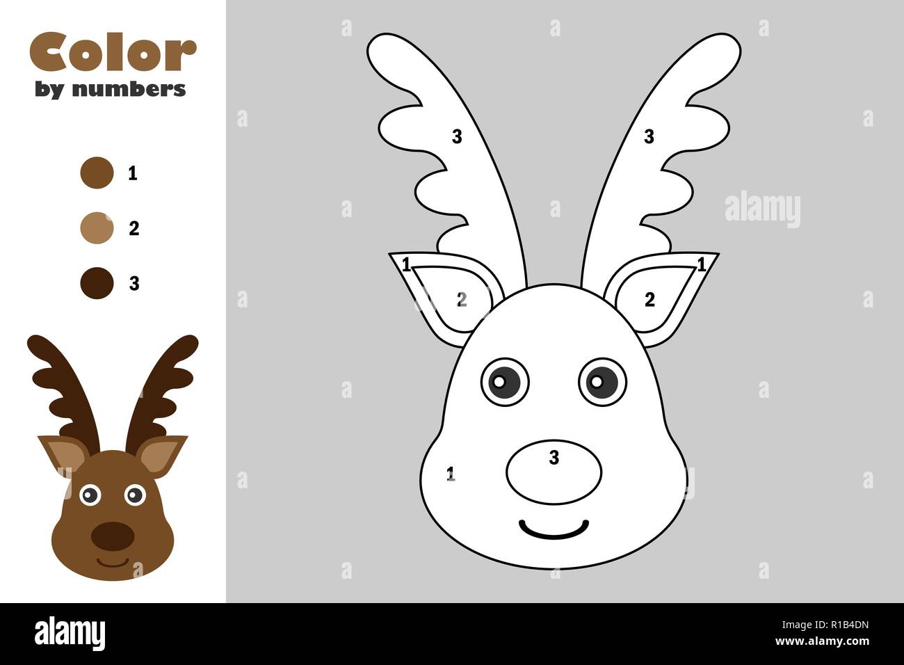Deer in cartoon style color by number christmas education paper game for the development of children coloring page kids preschool activity printa stock vector image art
