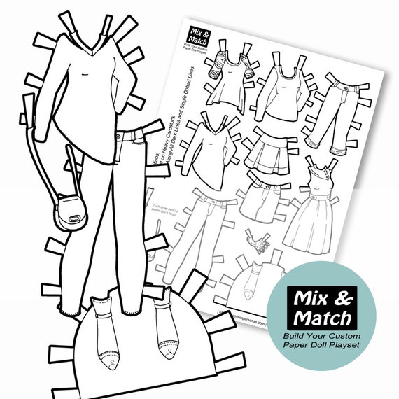 Printable paper doll coloring page digital download paper doll clothing clip art coloring page pdf