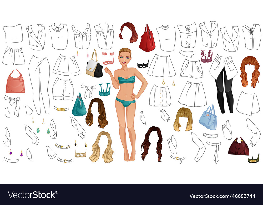 Fashion blogger coloring page paper doll vector image