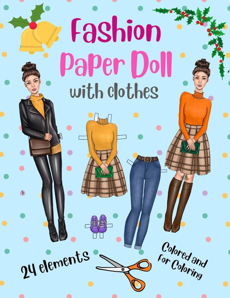 Fashion paper doll with clothes with a coloring version