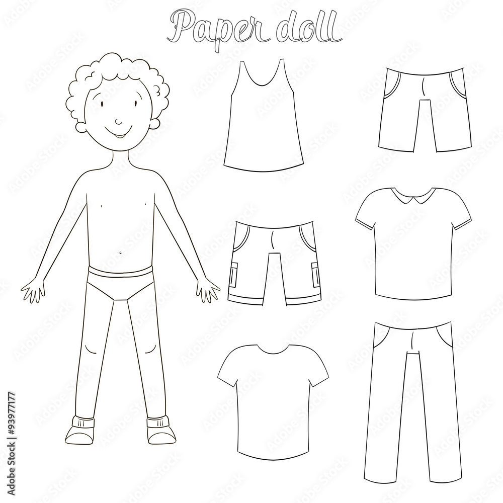 Paper doll boy and clothes coloring book vector
