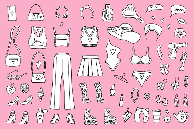 Premium vector coloring book for girls pink fashion set aesthetic accessories for pink dolls cosmetics and clothes vector illustration vector illustration