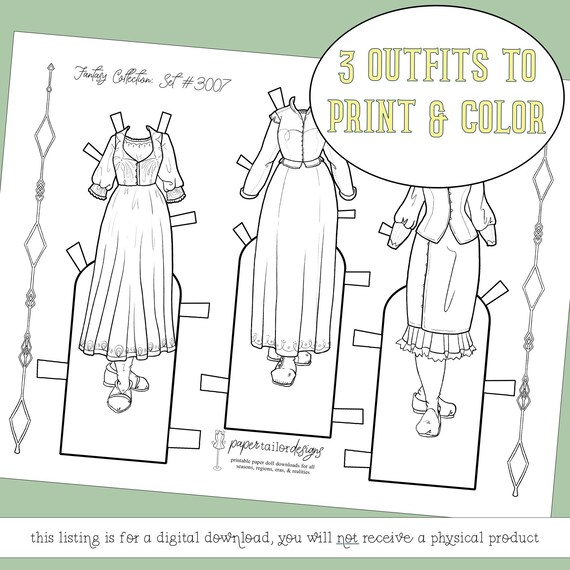 Fantasy paper doll clothes printable coloring page with outfits digital download kids activity